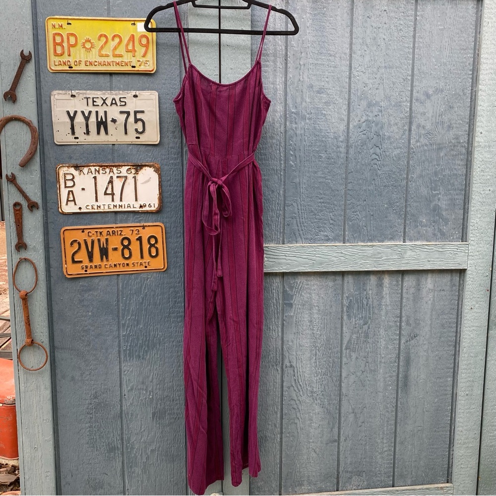 Purple striped romper one piece ties in front, size Medium